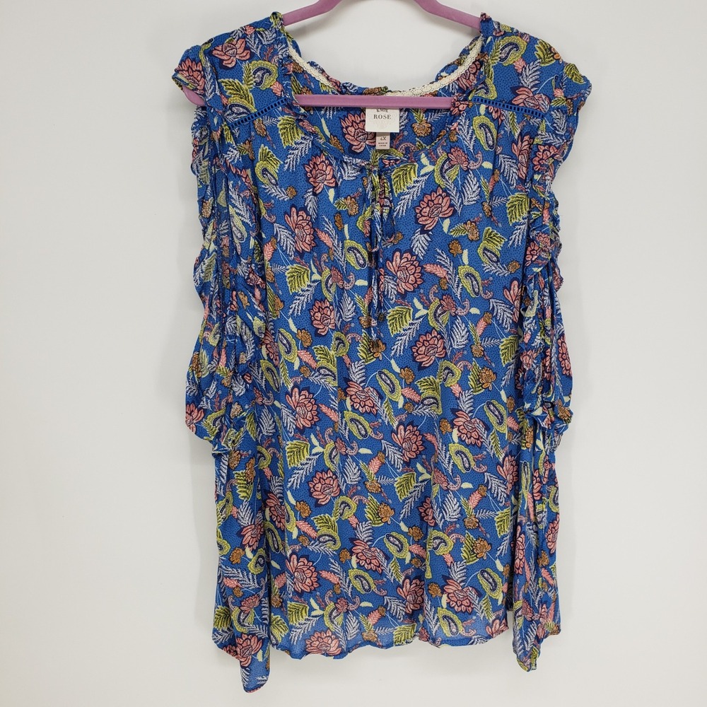Knox Rose Floral Paisley Blouse Womens 4X Blue Sleeveless Ruffle Trim Top Boho
